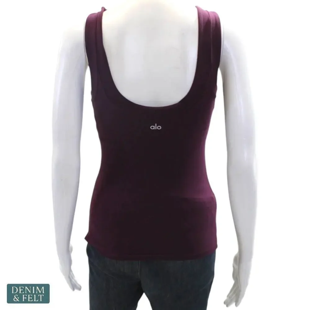 Alo Yoga Long Arch Tank Top Small Black Plum Purple Cutout Gym Activewear Lounge